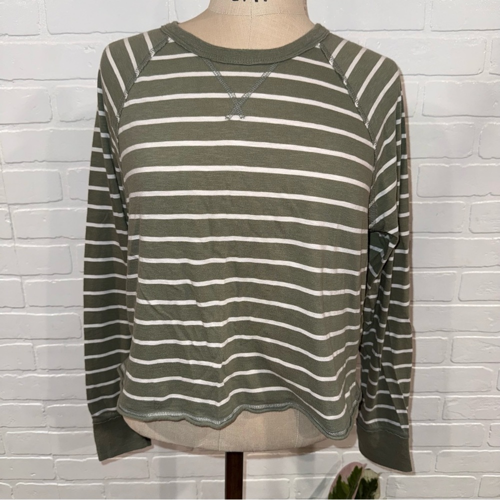 Aerie Olive Cropped Striped Long Sleeve Tee